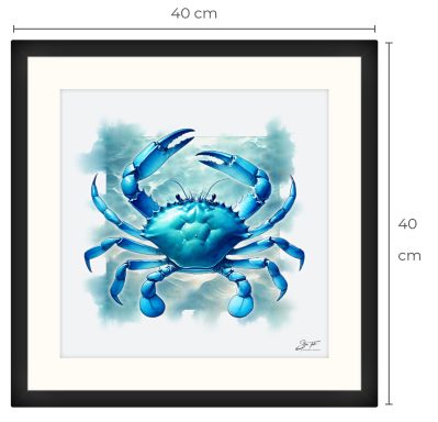 Cangrejo azul con pinceladas de color en un fondo suave. Decoración enmarcada.