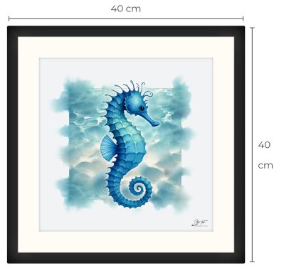 Caballito de mar azul en un fondo de tonos acuáticos. Cuadro cuadrado.