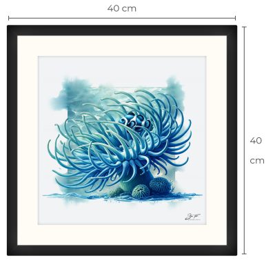 Ilustración de un anémona de mar azul con peces payaso en un entorno acuático.