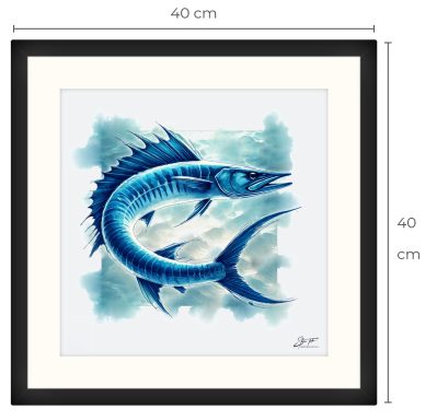 Ilustración de un pez barracuda azul sobre un fondo claro. Medidas del cuadro: 40 cm x 40 cm.